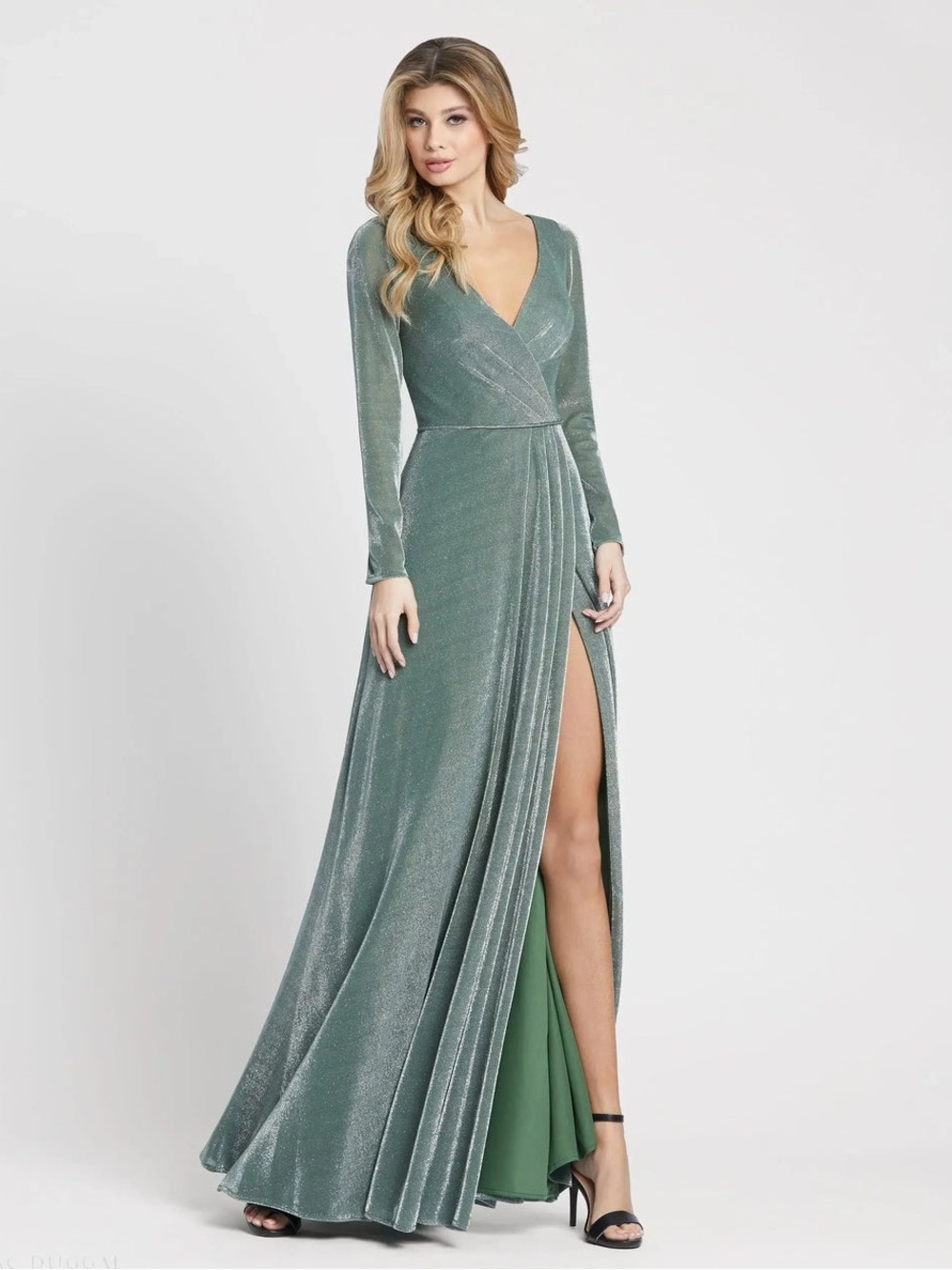 NWT Mac Duggal Long Sleeve Faux Wrap A-Line Gown Jade Green Shimmer Size 10